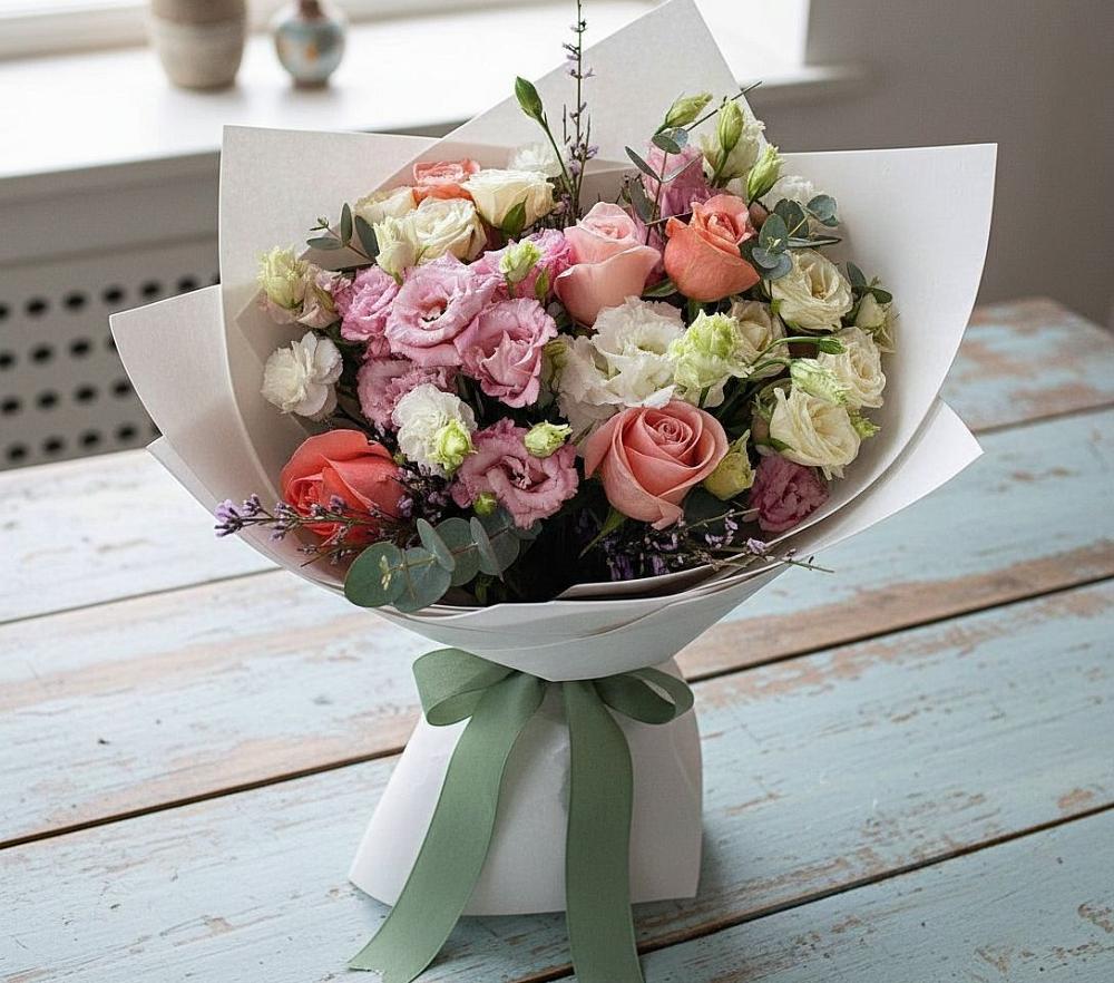 Букет цветов из: Розы, Лизиантусы и Гвоздики в Кунгуре